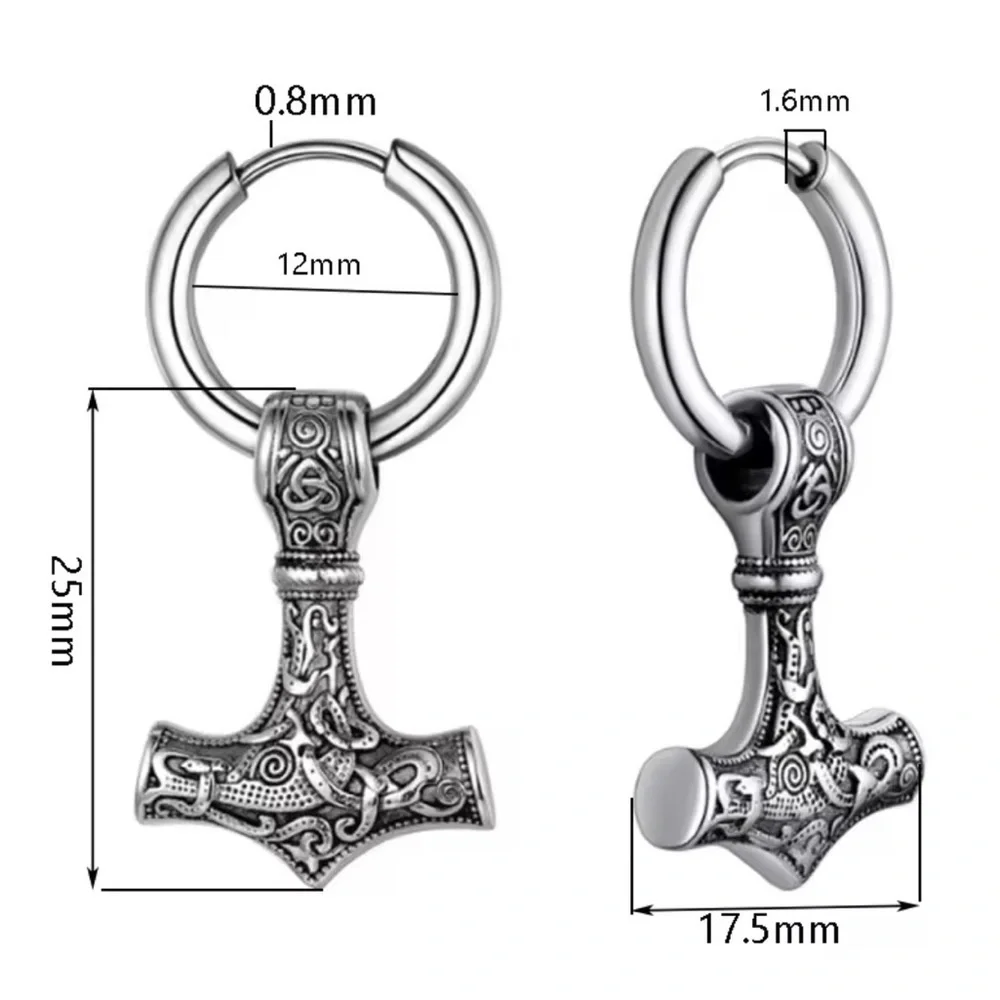 18K White Gold Mjolnir Thor’s Hammer Viking Celtic Runes Unisex Hoop Earrings